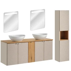 Ensemble meuble double vasque 140cm 5 portes miroirs LED et colonne Manoa Cachemire et Bois