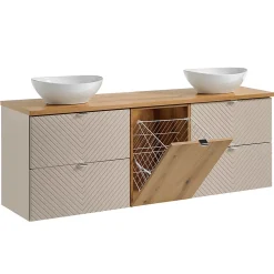 Ensemble meuble double vasque 160cm 4 tiroirs colonne et 3 armoires murales Manoa Cachemire et Bois
