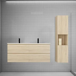 Ensemble meuble double vasque L.120cm chêne 4 tiroirs + lavabo + colonne