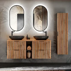 Ensemble meuble double vasque 140cm 2 niches et colonne Gaia Bois et Noir - Vasque Noir