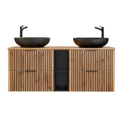 Ensemble meuble double vasque 140cm 2 niches et colonne Gaia Bois et Noir - Vasque Noir