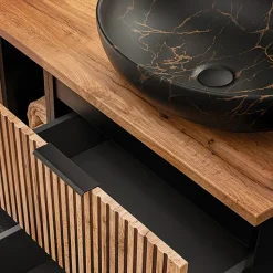 Ensemble meuble double vasque 140cm 2 niches et colonne Gaia Bois et Noir - Vasque Noir