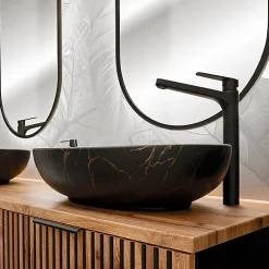 Ensemble meuble double vasque 140cm 2 niches et colonne Gaia Bois et Noir - Vasque Noir
