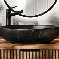 Ensemble meuble double vasque 140cm 2 niches et colonne Gaia Bois et Noir - Vasque Noir