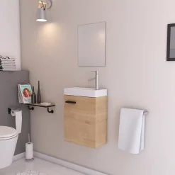 Ensemble Meuble Lave Mains décor Bois 41x50x22cm + Miroir - SMALLY WOOD