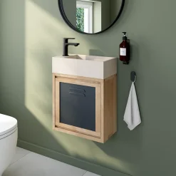 Ensemble meuble lave-mains à suspendre Indus chêne massif l.44 cm + plan vasque lave-mains béton beige