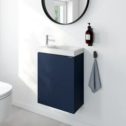 Ensemble meuble lave-mains à poser Imandra bleu nuit mat l.44 cm + plan vasque lave-mains blanc en céramique Nira