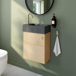 Ensemble meuble lave-mains Java effet chêne clair et jute l.44 cm + plan vasque lave-mains béton gris