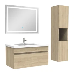 Ensemble meuble salle de bain + vasque + miroir lumineux + colonne 80cm Chêne Wotan