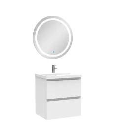 Ensemble meuble Salle de Bain 50cm Blanc simple vasque + miroir lumineux rond