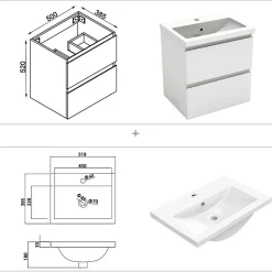 Ensemble meuble Salle de Bain 50cm Blanc simple vasque + miroir lumineux rond