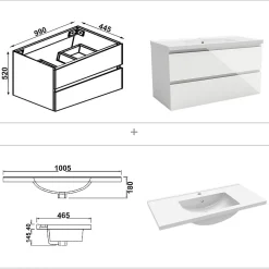 Ensemble meuble salle de bain 100 cm blanc brillant avec 2 tiroirs, lavabo céramique simple + colonne, suspendu