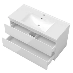 Ensemble meuble salle de bain 100 cm blanc brillant avec 2 tiroirs, lavabo céramique simple + colonne, suspendu