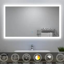Ensemble meuble Salle de Bain 100cm simple vasque et miroir lumineux 3 couleurs et dimmable blanc