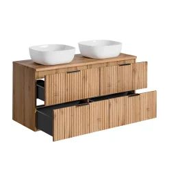 ENSEMBLE MEUBLE SALLE DE BAIN 120 CM AVEC PLAN - 2 VASQUES SMILE ET 2 MEUBLES ADEL OAK