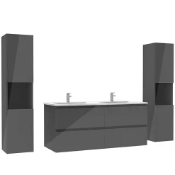 Ensemble meuble salle de bain 120 cm anthracite brillant avec 4 tiroirs, double lavabo céramique + colonne haute x2, suspendu