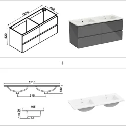 Ensemble meuble salle de bain 120 cm anthracite brillant avec 4 tiroirs, double lavabo céramique + colonne haute x2, suspendu