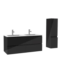 Ensemble meuble salle de bain 120 cm noir brillant avec 4 tiroirs, double lavabo céramique + colonne, suspendu