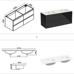 Ensemble meuble salle de bain 120 cm noir brillant avec 4 tiroirs, double lavabo céramique + colonne, suspendu