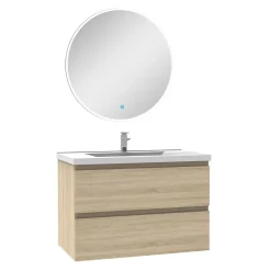 Ensemble meuble Salle de Bain Chêne Wotan 80cm simple vasque + miroir lumineux rond