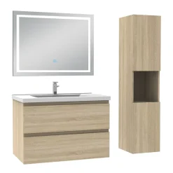 Ensemble meuble salle de Bain 80cm avec colonne et miroir 3 couleurs Chêne Wotan