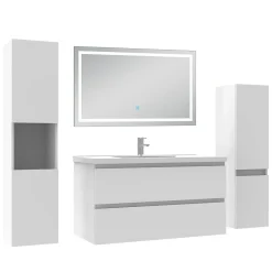 Ensemble meuble Salle de Bain 100cm avec colonne et miroir lumineux 3 couleurs blanc