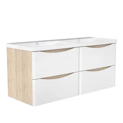 Ensemble Meuble Salle de Bain Suspendu 120cm, Blanc + Chêne, Moderne, Grand Tiroir, AICA Sanitaire