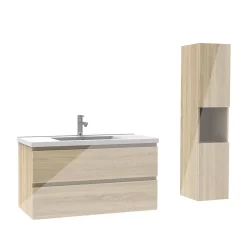 Ensemble meuble salle de bain 100 cm Chêne Wotan brillant avec 2 tiroirs, lavabo céramique simple + colonne haute, suspendu