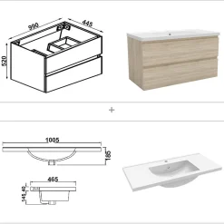 Ensemble meuble Salle de Bain 100cm Chêne Wotan simple vasque et miroir lumineux 3 couleurs et dimmable