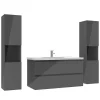 Ensemble meuble salle de bain 100 cm anthracite brillant avec 2 tiroirs, lavabo céramique simple + colonne haute x2, suspendu