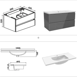 Ensemble meuble salle de bain 100 cm anthracite brillant avec 2 tiroirs, lavabo céramique simple + colonne haute x2, suspendu
