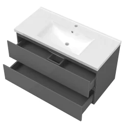 Ensemble meuble salle de bain 100 cm anthracite brillant avec 2 tiroirs, lavabo céramique simple + colonne haute x2, suspendu