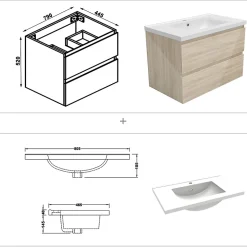 Ensemble meuble salle de bain 80 cm Chêne Wotan brillant avec 2 tiroirs, lavabo céramique simple + colonne haute, suspendu