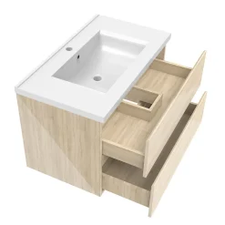 Ensemble meuble salle de bain 80 cm Chêne Wotan brillant avec 2 tiroirs, lavabo céramique simple + colonne haute, suspendu