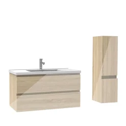 Ensemble meuble salle de bain 100 cm Chêne Wotan brillant avec 2 tiroirs, lavabo céramique simple + colonne, suspendu