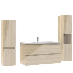 Ensemble meuble salle de bain 100 cm Chêne Wotan brillant avec 2 tiroirs, lavabo céramique simple + deux colonnes, suspendu