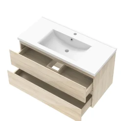 Ensemble meuble salle de bain 100 cm Chêne Wotan brillant avec 2 tiroirs, lavabo céramique simple + deux colonnes, suspendu