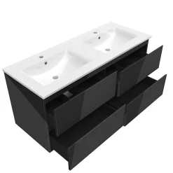 Ensemble meuble salle de bain 120 cm noir brillant avec 4 tiroirs, double lavabo céramique + colonne haute x2, suspendu