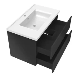 Ensemble meuble salle de bain 80 cm noir brillant avec 2 tiroirs, lavabo céramique simple + colonne, suspendu