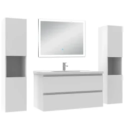 Ensemble meuble Salle de Bain 100cm avec colonne + miroir lumineux dimmable blanc
