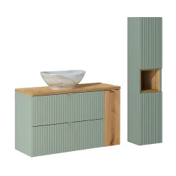 Ensemble meuble simple vasque 100cm et colonne Jade Vert et Bois