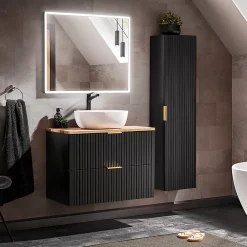 Ensemble meuble simple vasque 80cm et colonne Adriel Noir et Bois