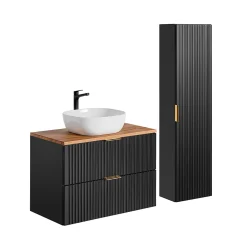 Ensemble meuble simple vasque 80cm et colonne Adriel Noir et Bois