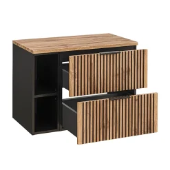 Ensemble meuble simple vasque 80cm 2 niches miroir LED colonne et 3 armoires murales Gaia Bois et Noir - Vasque Noir