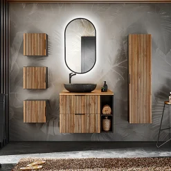 Ensemble meuble simple vasque 80cm 2 niches miroir LED colonne et 3 armoires murales Gaia Bois et Noir - Vasque Noir
