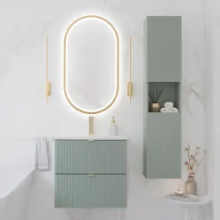 Ensemble meuble simple vasque encastree 50cm 2 tiroirs et colonne Jade Vert et Bois
