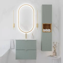 Ensemble meuble simple vasque encastree 60cm 2 tiroirs et colonne Jade Vert et Bois