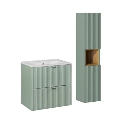 Ensemble meuble simple vasque encastree 60cm 2 tiroirs et colonne Jade Vert et Bois