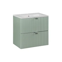 Ensemble meuble simple vasque encastree 60cm 2 tiroirs et colonne Jade Vert et Bois