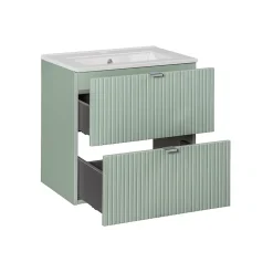 Ensemble meuble simple vasque encastree 60cm 2 tiroirs et colonne Jade Vert et Bois